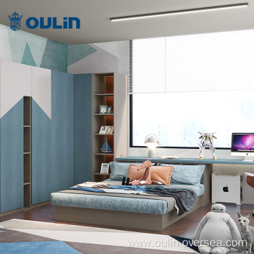 modern children bedroom with wooden wardrobes